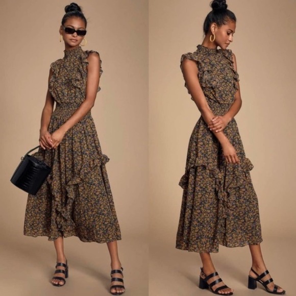 Lulus Dresses & Skirts - Lulus Evalina Floral Print Mock Neck Midi Dress NWT